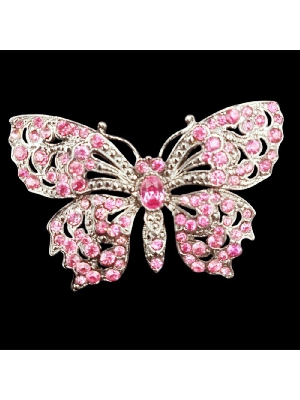 Pink Rhinestone Butterfly Brooch Pin Silver Tone Filigree Costume Jewelry